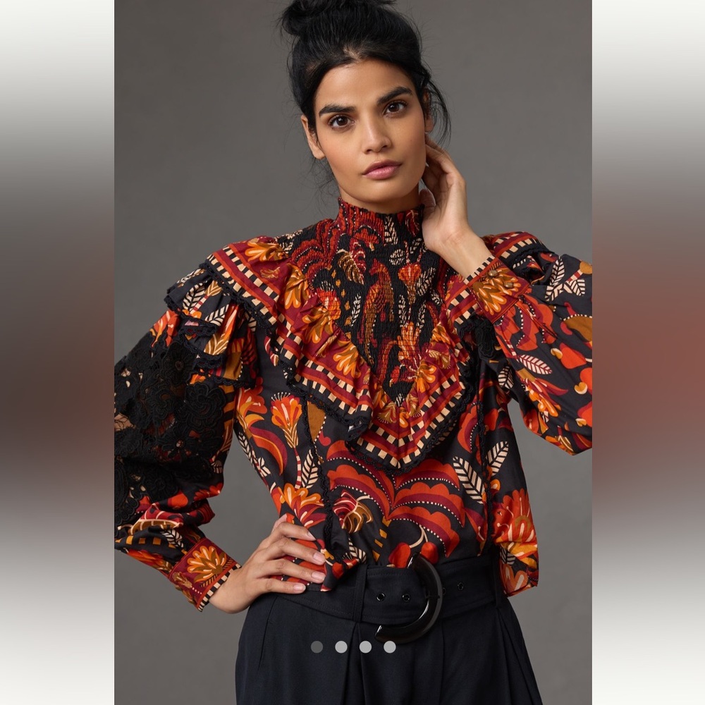 FARM Rio Black Multicolor High-Neck Ruffled Floral Blouse